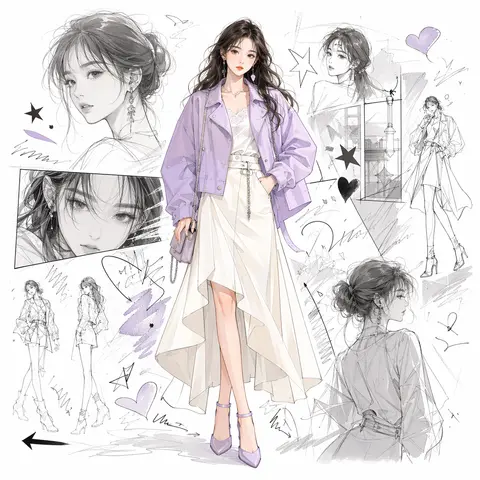 Anime fashion sketch collage AI preview with manga panels and full-body outfit study