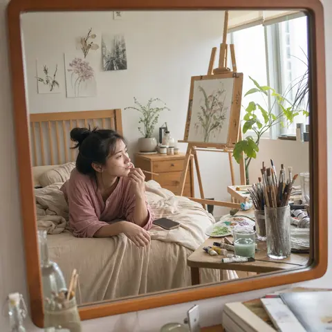 Cozy Artist Room Mirror Story AI image style preview for image-to-image generation