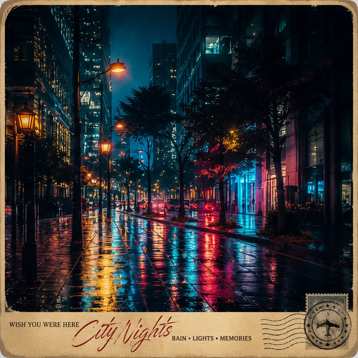 Neon City Walking Postcard AI image template result