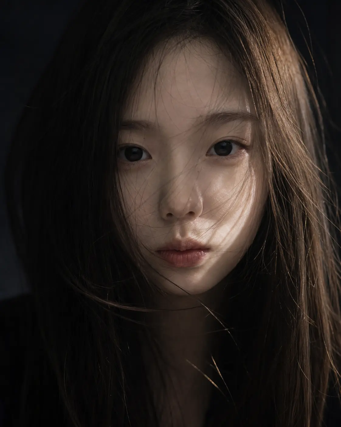 cinematic close up portrait generator preview for Shadowy Hair Closeup Beauty Portrait image-to-image generation
